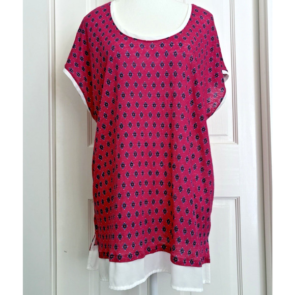 Tommy Hilfiger Linen Jersey Knit Layered Hem Tunic Blouse Top Pink White Boho XL - Picture 2 of 14